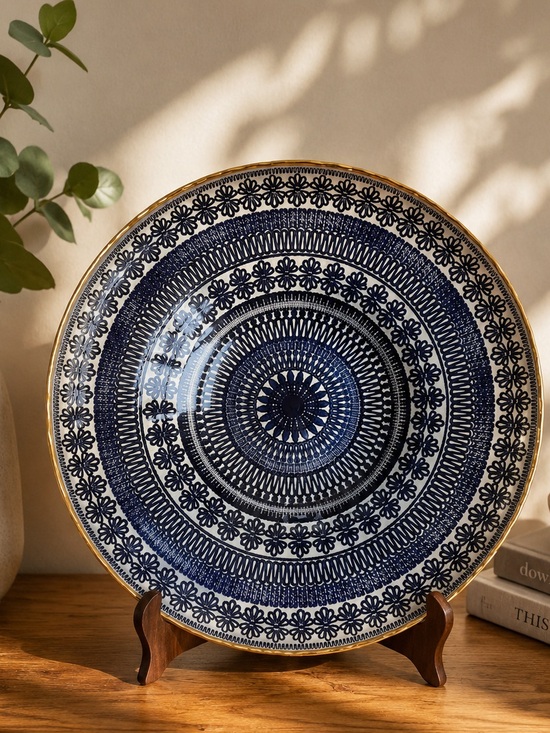 Other - ARGENT VERITABLE SILVER/NAVY BLUE/WHITE/GOLD RIM DECORATIVE GLASS BOWL/PLATTER